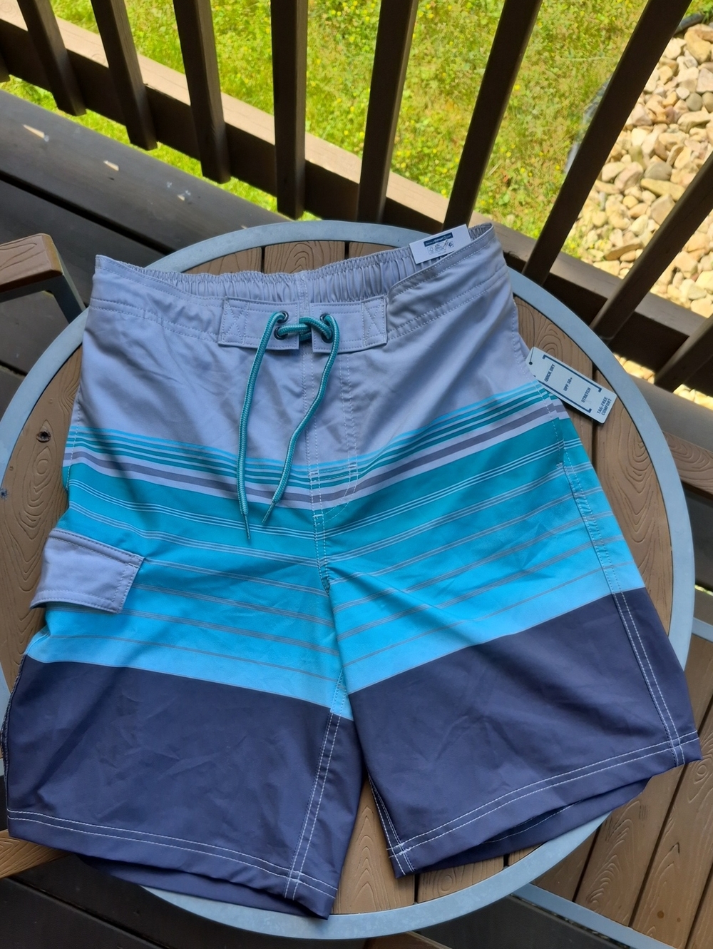 George Men's Small  Blue Striped Swim Trunks with Drawstring - New
